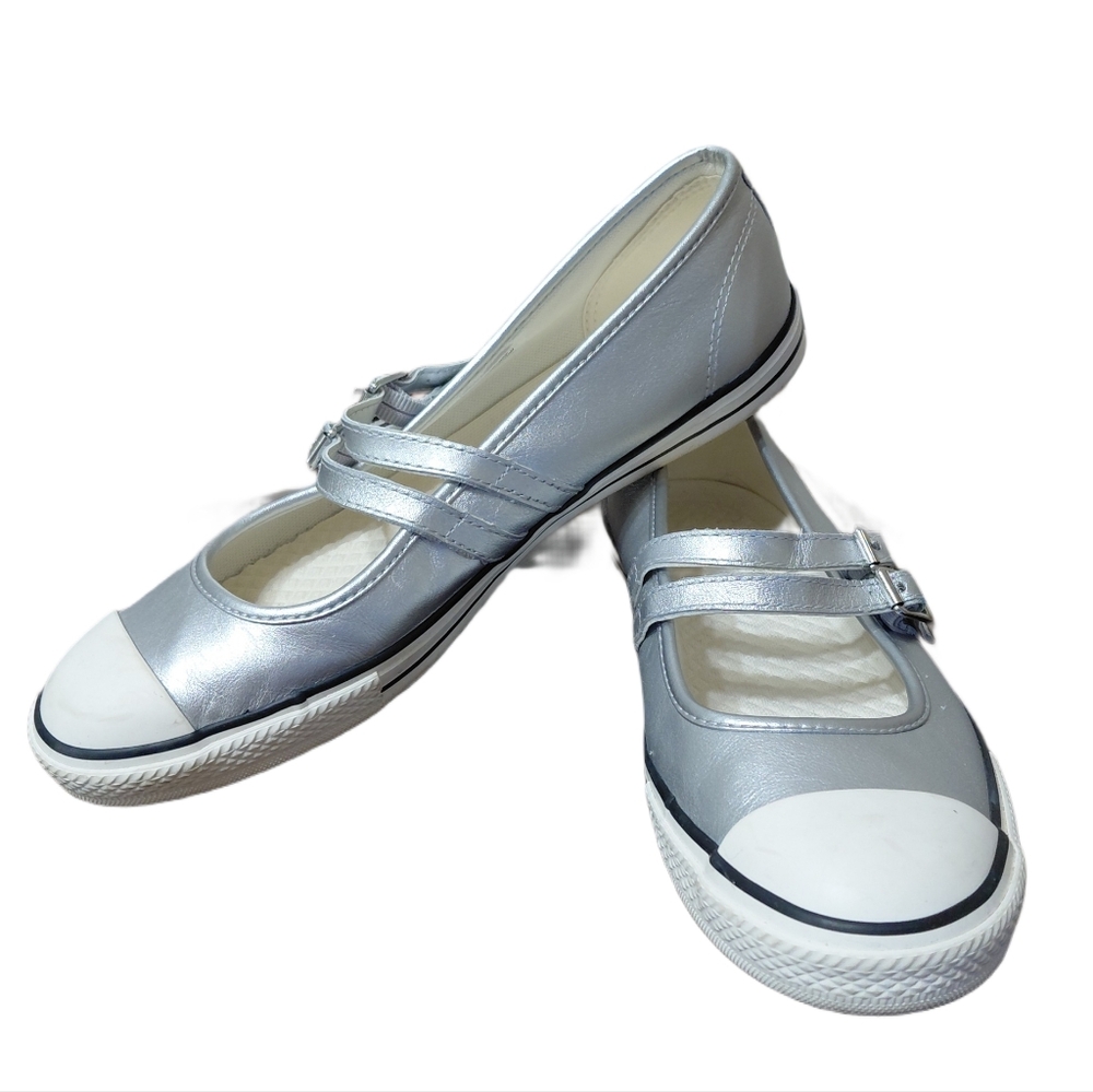 Silver Mary Jane Canvas-Style Flats with Toe Cap